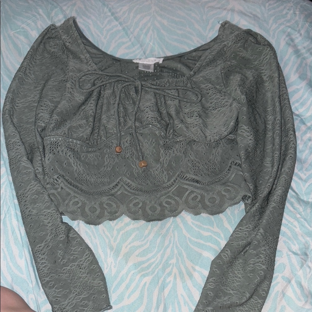 Gray Tie Front Crop Blouse